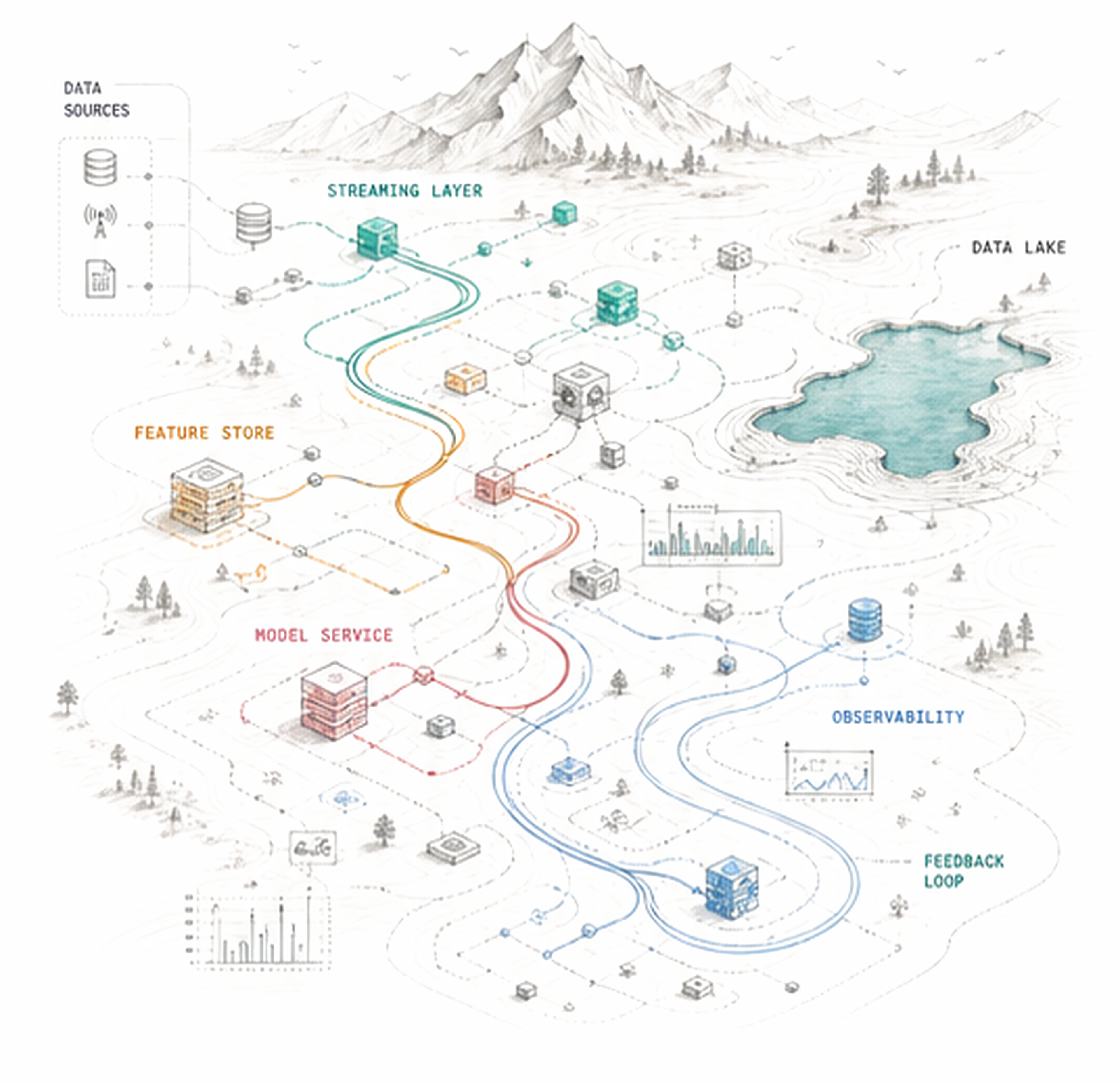 Illustrated systems map showing data sources, streaming layer, feature store, model service, observability, and feedback loop